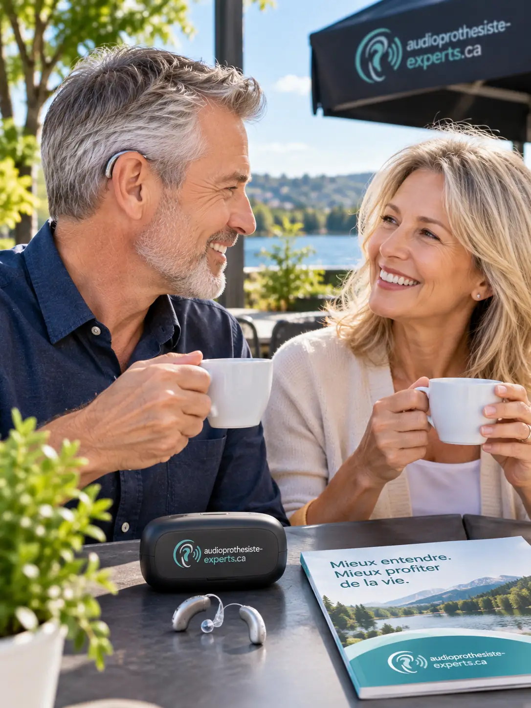 Couple à une terrasse avec appareils auditifs et étui